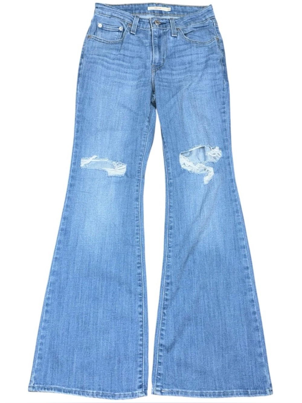 Levis 726 High Rise Flare Jeans Sz 25 x 31 Light Blue Wash Denim Distressed Boho